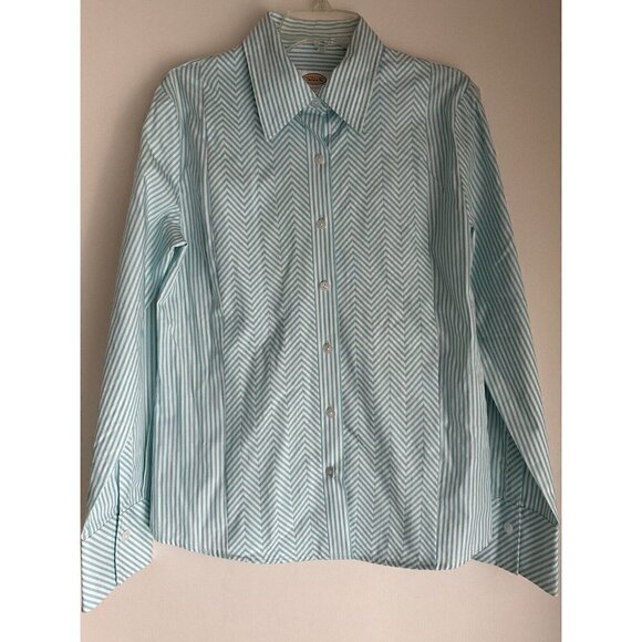 TALBOTS Womens Size 4 Vintage Striped Blouse Dress Shirt White Aqua Chevron New - Picture 1 of 8